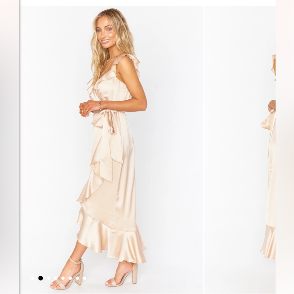 Samantha Ruffle Wrap Dress - Champagne Luxe Satin - NEW WITH TAGS NEVER WORN